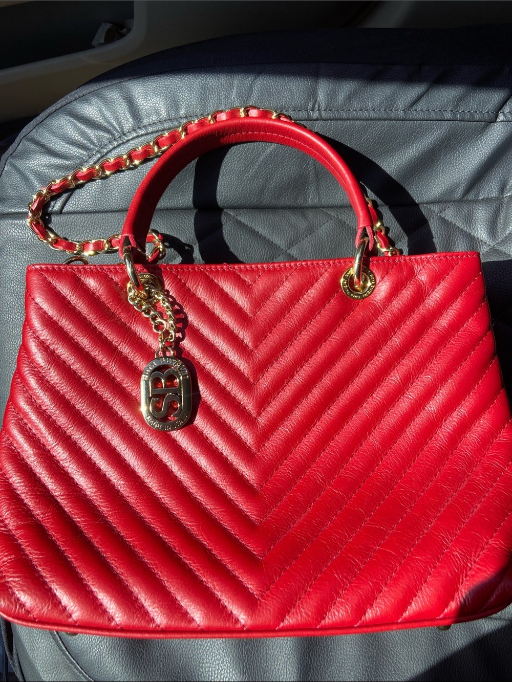Red Quilted Leather Satchel with Gold Chain Charm